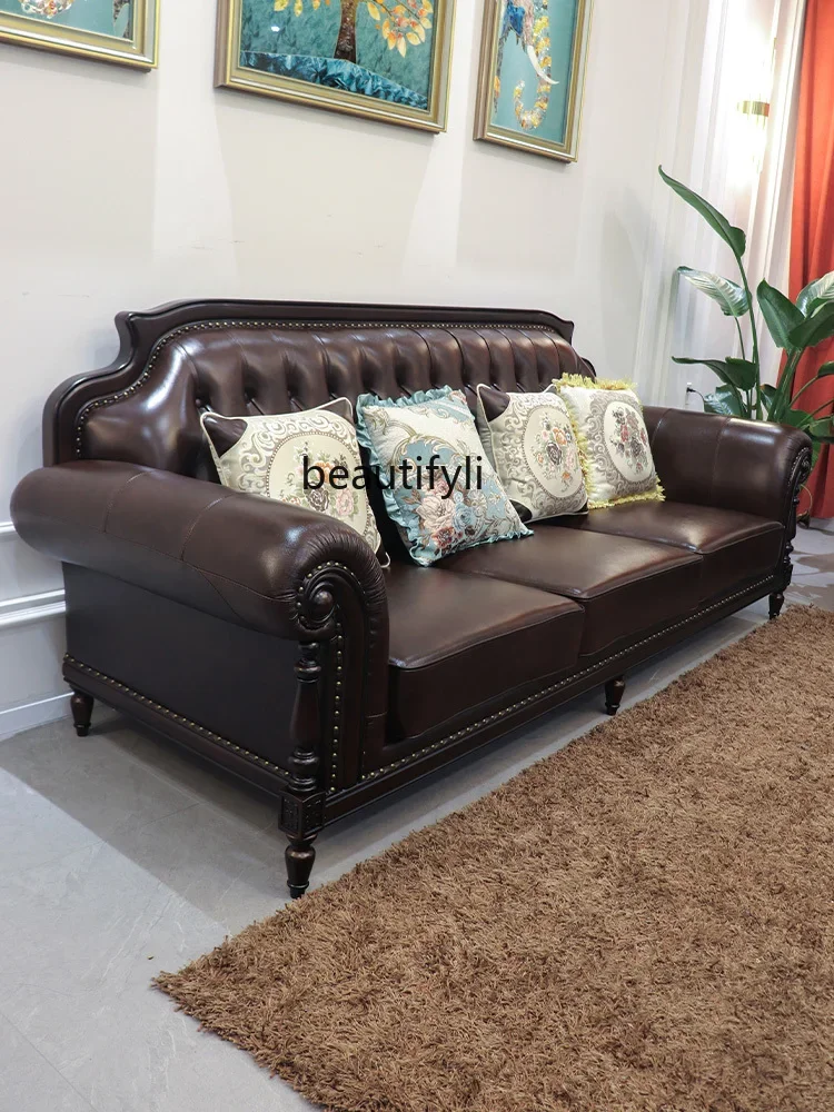 

American light luxury retro all-solid wood leather sofa, first layer cowhide four-person living room villa furniture
