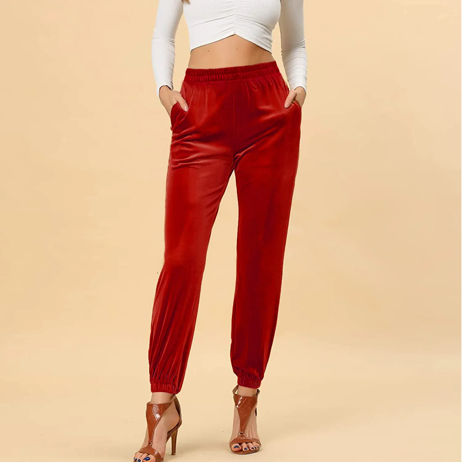 Women Casual High Waist Harem Velvet Pants Relaxed Fit Elastic Waist Velvet Velour Joggers