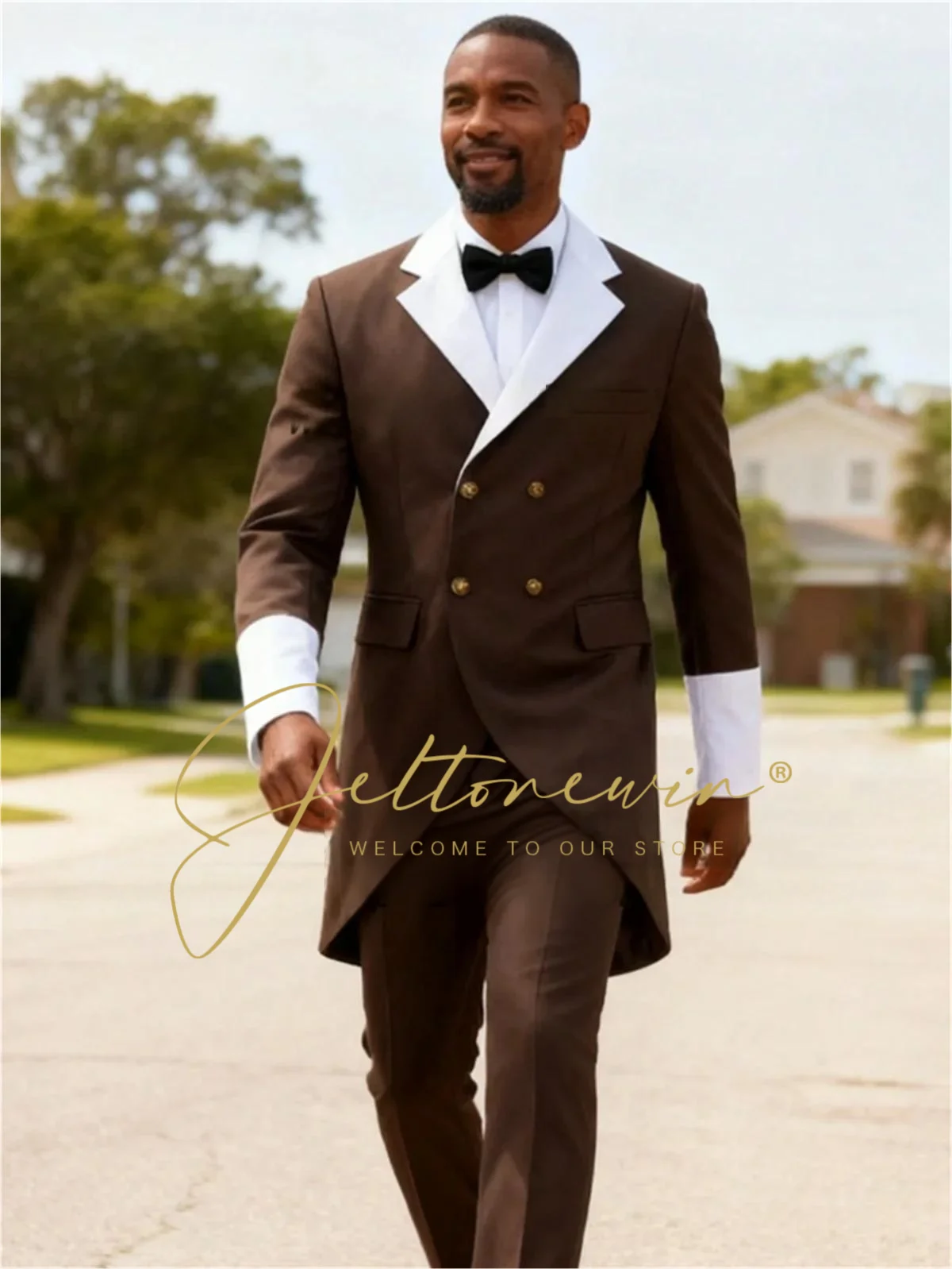 

Brown Wedding Tuxedos Set for Men 2-Piece Smoking Formal Double Breasted Male Groomsmen Suit Long Tailcoat Fashion Tailored Fit