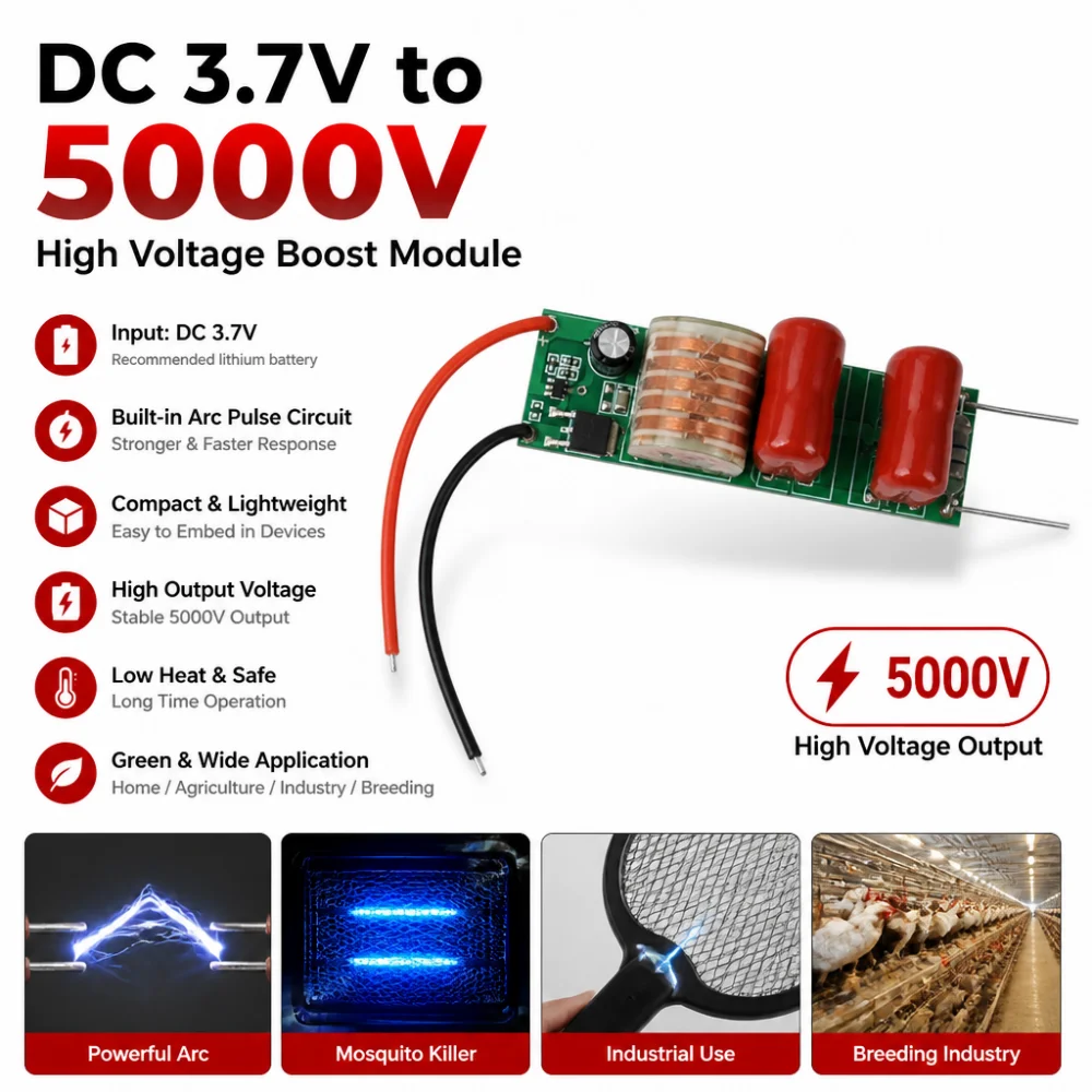 DC 3.7V to 5000V Step-Up Module, Arc Pulse High-Voltage Generator Module, Electric Fly Swatter Step-Up Board