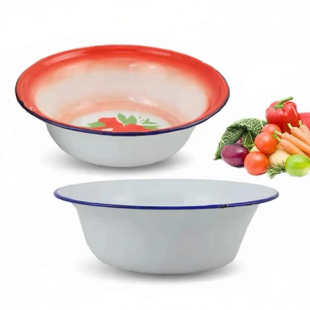 Classic Enamelware Deep Bowl Floral Print Food Serving Basin Kitchen Mixing Pot Durable Retro Tableware For Daily Cooking