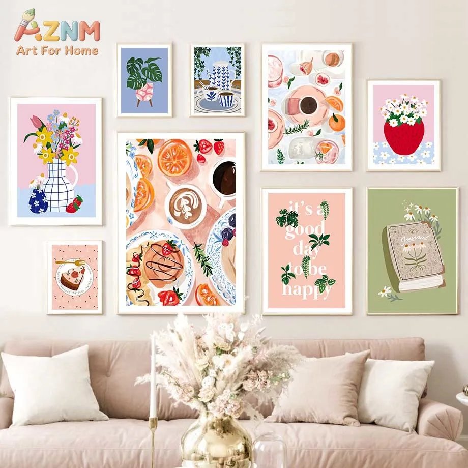 AZNM Colorful Breakfast Floral Canvas Wall Art Coffee Fruit Pastry Flower Vase Positive Quote Cute Illustration Boho Style Kitch