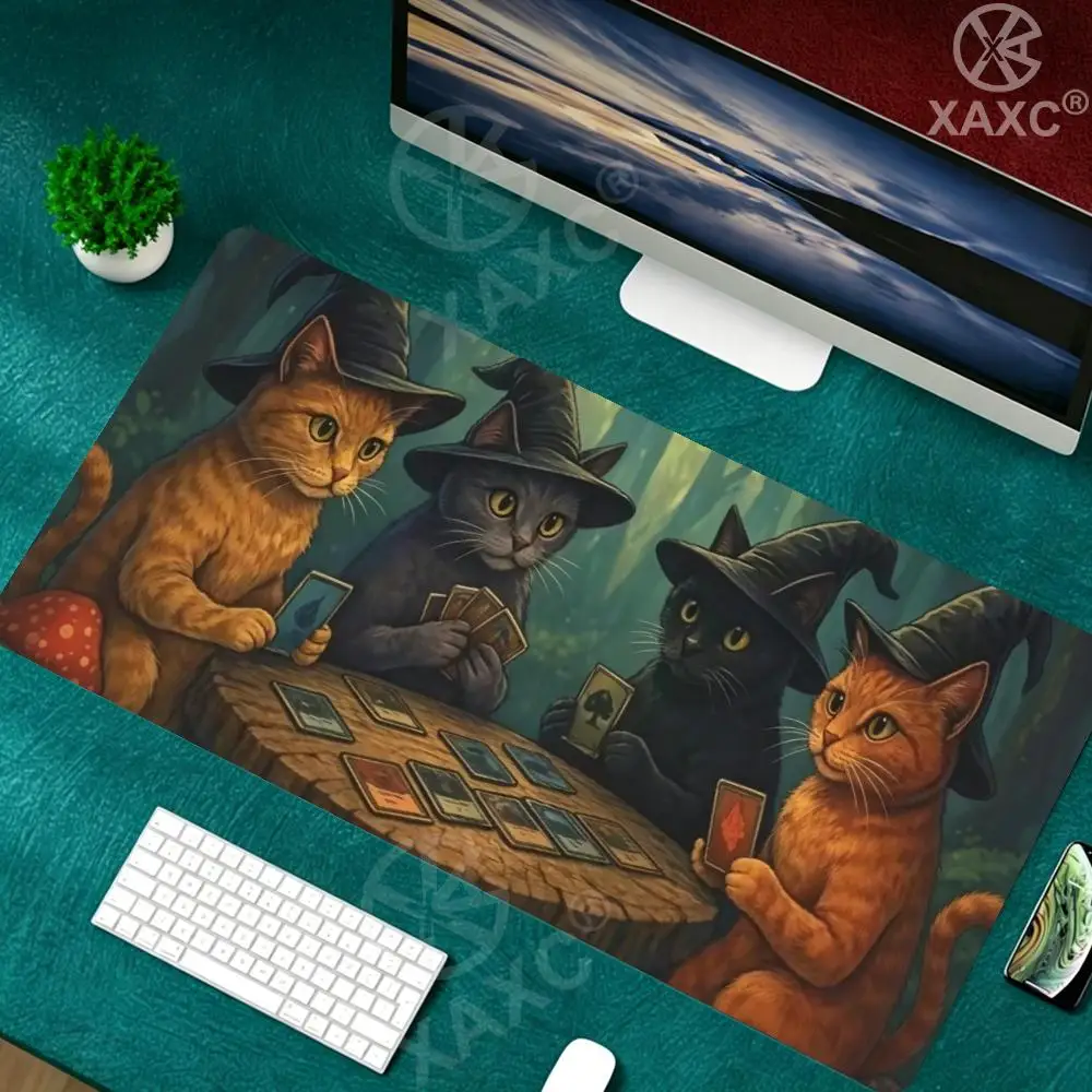 Niedliches Katzen-Hexen-Magie-Spielpad, Mauspad, rutschfeste Schreibtischunterlage aus Gummi, Computerzubehör für Spieler, erweiterbares Mauspad XAXC