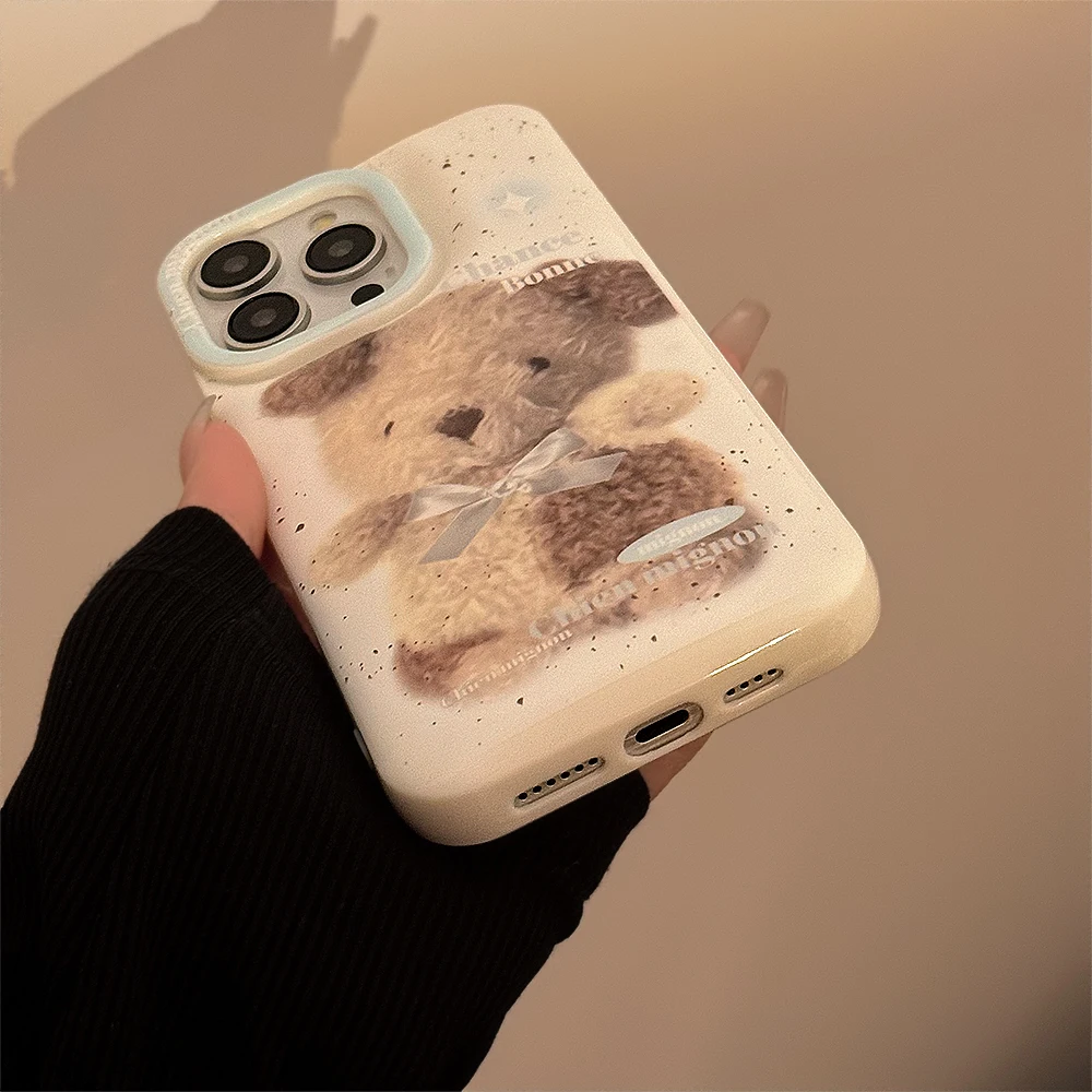Korean Ins Cute Cartoon Little Bear Boll Phone Case for iPhone 15 14 13 Pro Max 12 Pro 11 Back Cover image 4