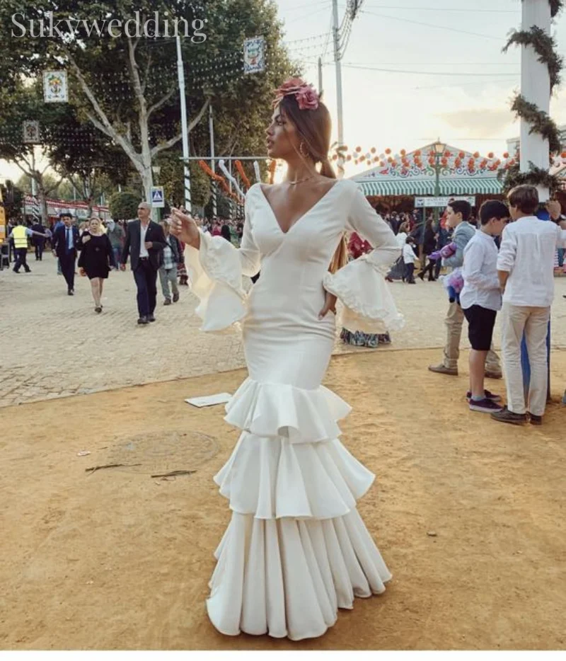 Robe de Soirée en Forme de Sirène Ivoire avec Jupe à Plusieurs Niveaux, Vêtement à Manches sulf, Col en V, Style Flamenco Espagnol