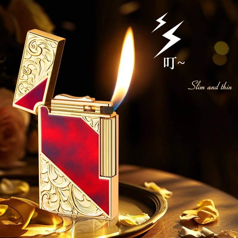 Fashionable Steel Tone Grinding Wheel Open Flame Gass Lighter Side Sliding Oblique Fire Metal Material Retro Cigarette Lighter