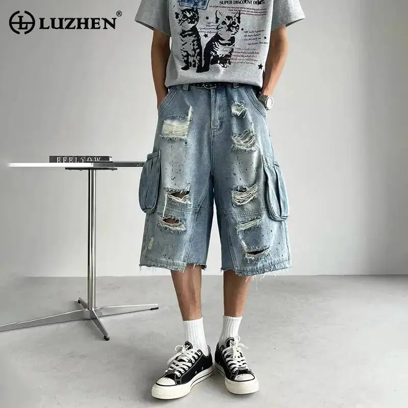 

LUZHEN 2026 New Original Broken Hole Design Wornout Straight Denim Cropped Trousers Men's Loose Many Pockets Jeans Shorts JY6678