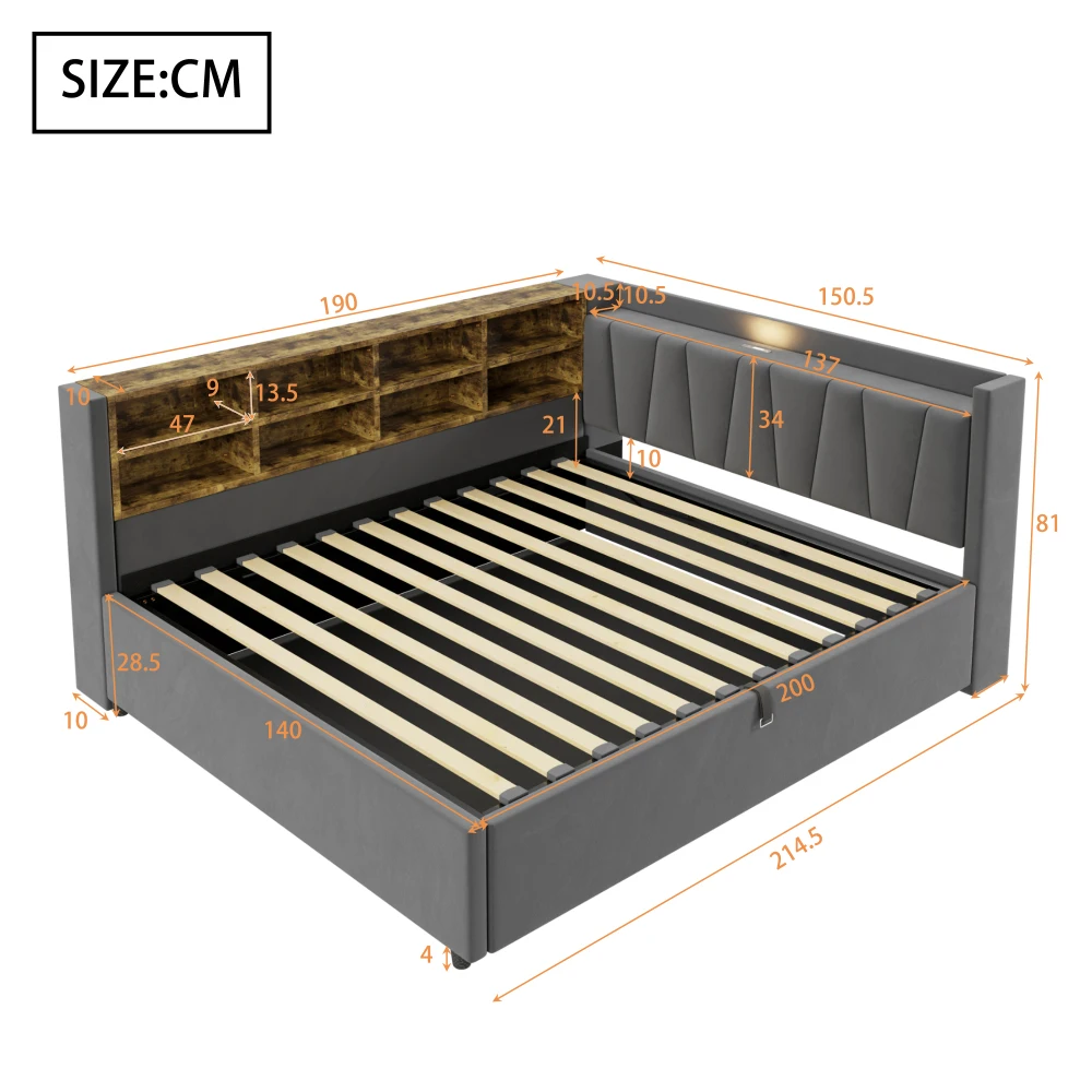 Multifunctionele fluwelen slaapbank 140*200 cm met hydraulische opbergruimte, ingebouwde nachtlamp, USB- en type-C oplaadpoort en opbergvakken, gestoffeerde hoofdbord