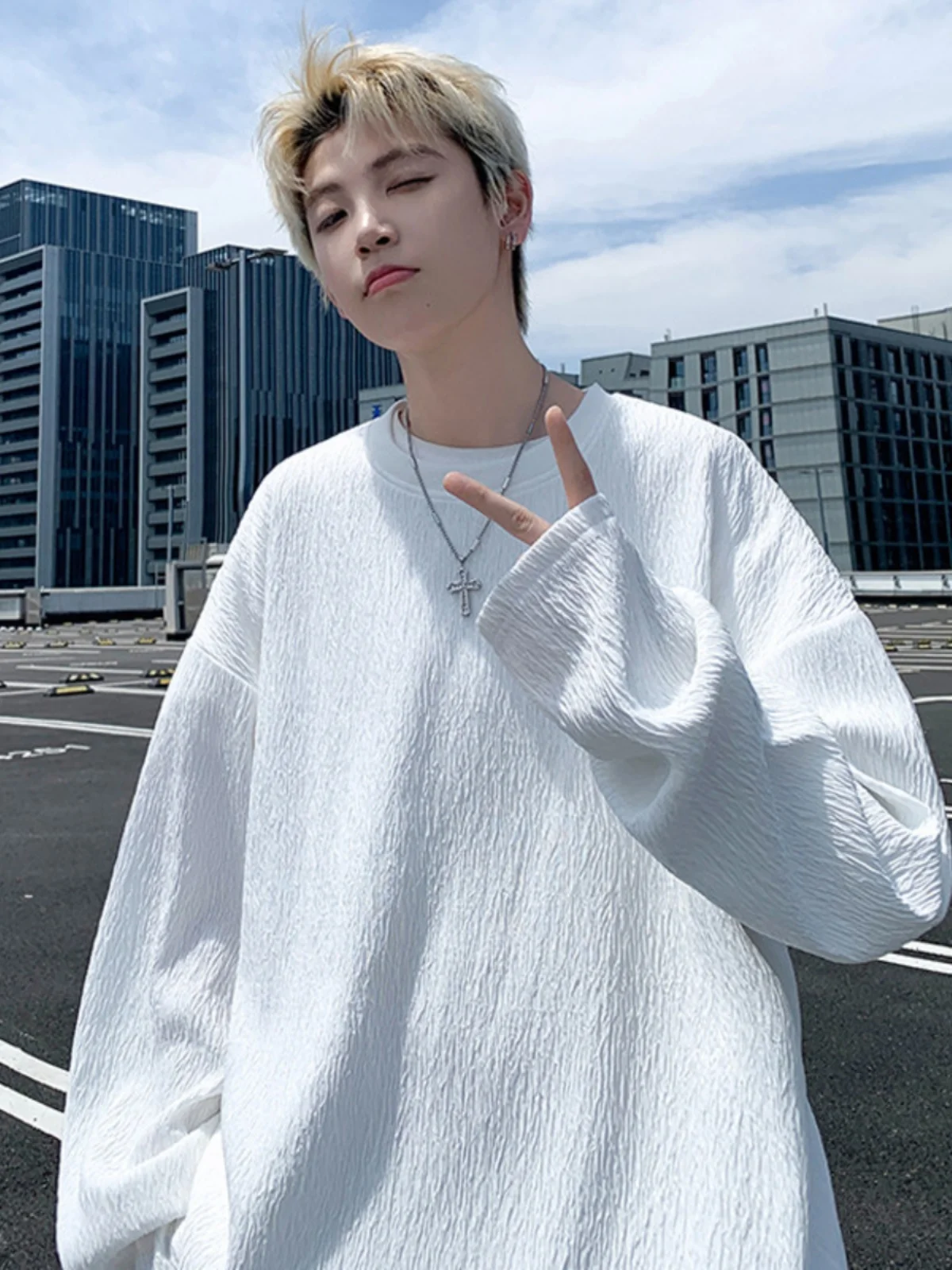 

Текстурированная мужская футболка с длинным рукавом, повседневная, свободного кроя, молодежная, модная, брендовая, весна-осень, в уличном стиле, с круглым вырезом