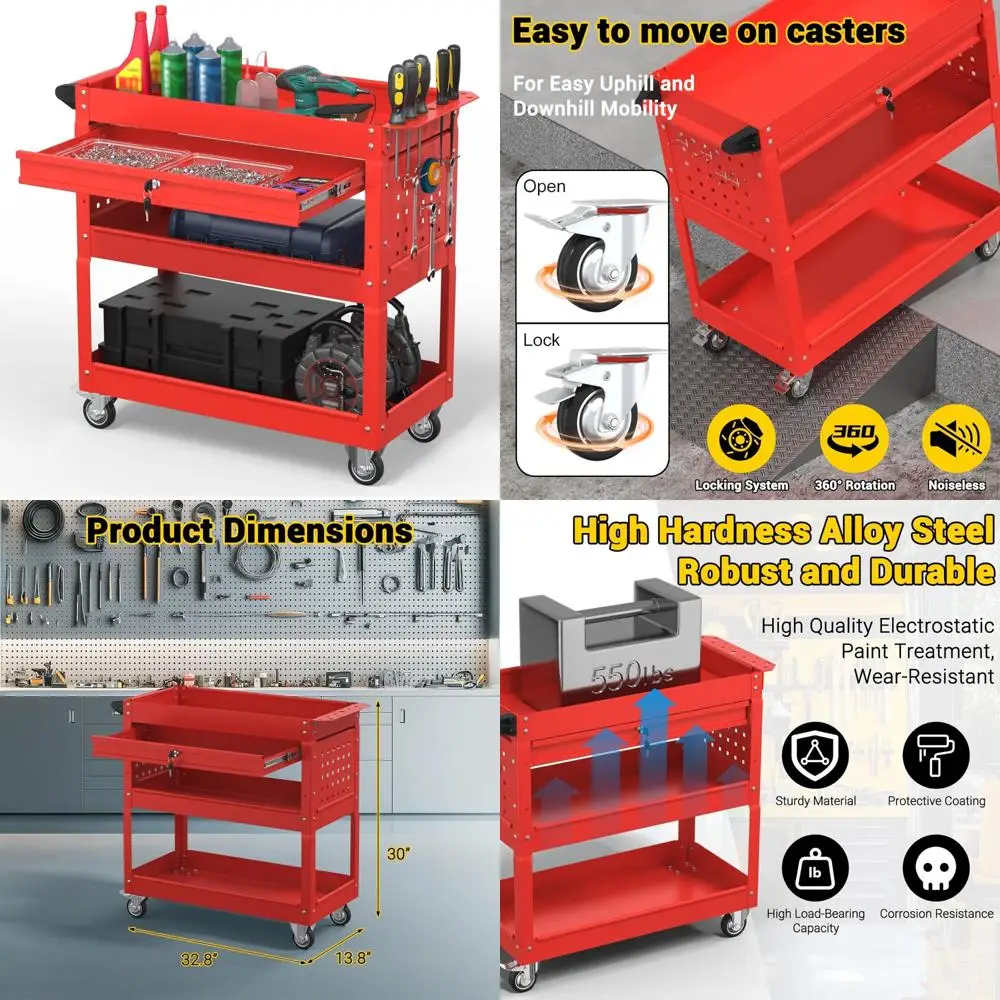 頑丈な3段式ローリングツールカート（引き出し付き）、耐荷重550ポンド、メカニックツール用のペグボードとフック付きユーティリティカート