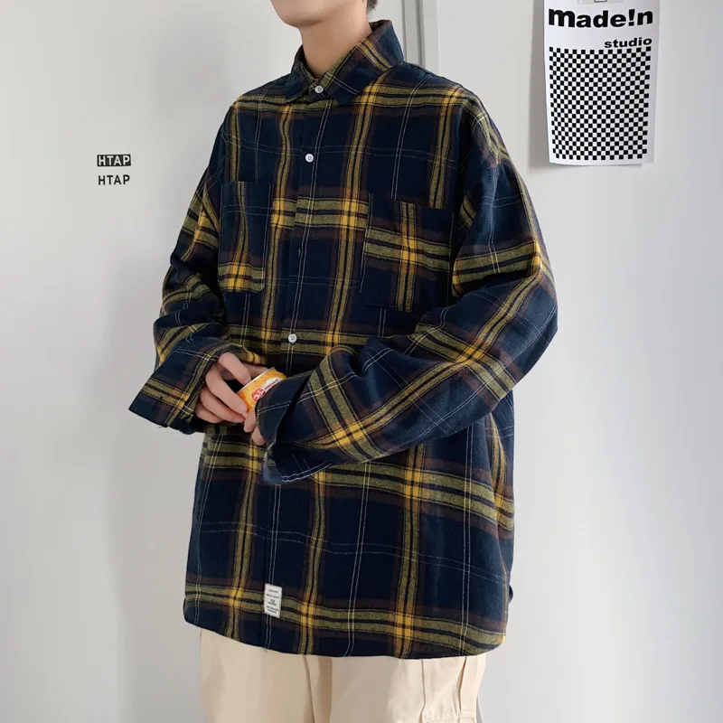 Autumn Oversized Long Sleeved Shirt Men Fashion Retro Plaid Shirt Men Streetwear Korean Loose Casual Shirts Mens Large Size 5XL