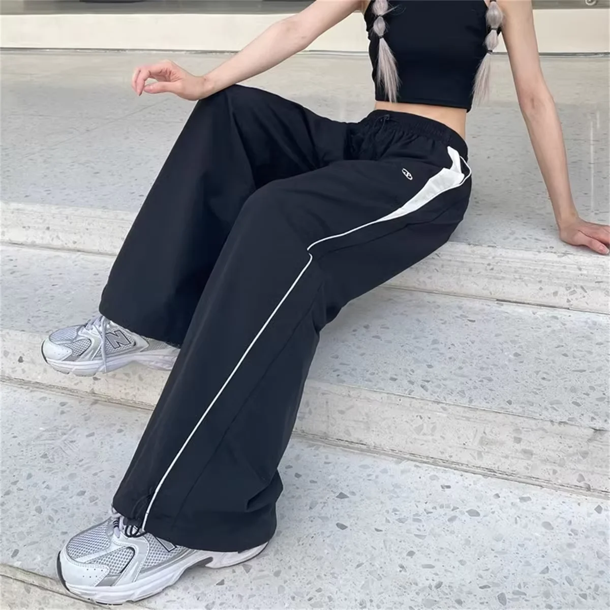 Damen Casual Weite Cargo-Hose mit Kordelzug, Einfarbig, Streetwear, Elastische Taille, Jogginghose, Lose Hip-Hop-Baggy-Hose – Detail 11