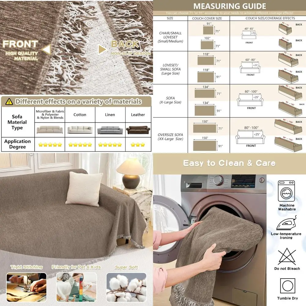 

Pet-Friendly Couch Cover, Non-Slip Sofa Protector with Tassels, Washable, 91x118, Sand