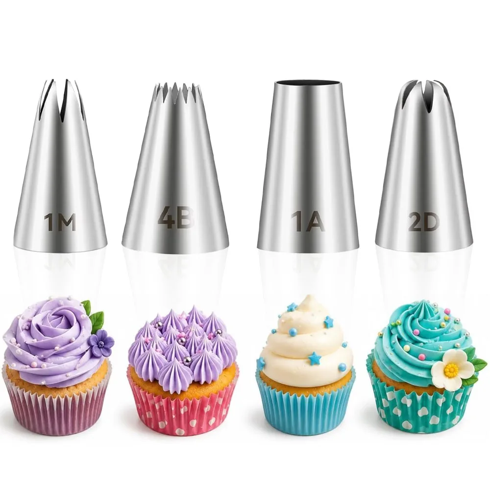 4Pcs Large Piping Tips Set 1M 2D 4B 1A Stainless Steel Icing Nozzles Cupcake Cookie Buttercream Decor Baking Tools For Beginners