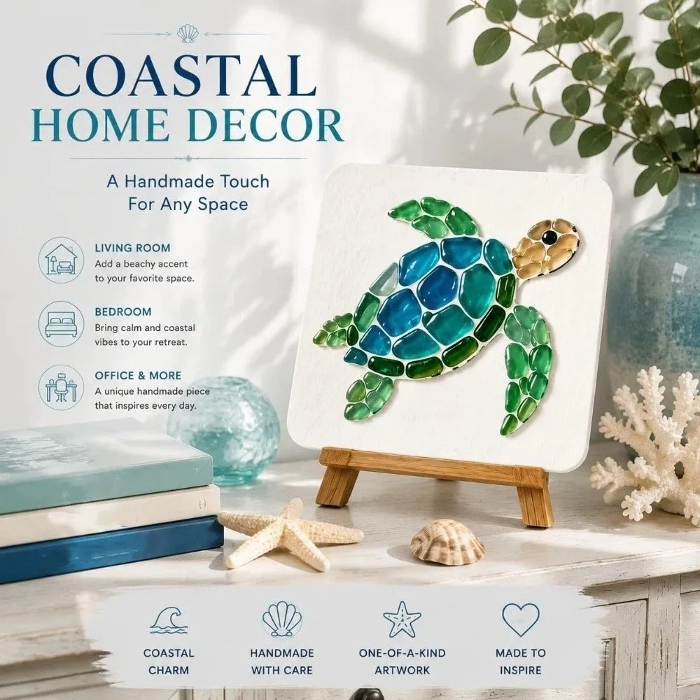 Colorful Glass Pieces Ocean DIY Sea Glass Art Kit Ocean Inspired Sea Creature Animal Shaped Crushed Glass Art Wooden‑Easel