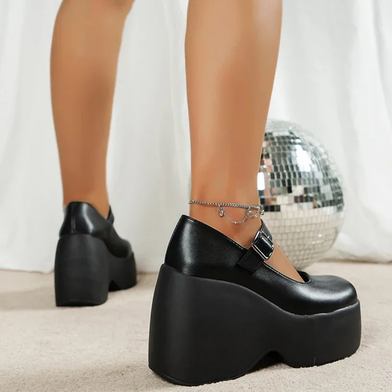 Women\'s Platform High Heels Gothic Lolita New Mary Jane Shoes Casual Woman Heeled Party Wedges Thick Bottom Pumps Black Loafers