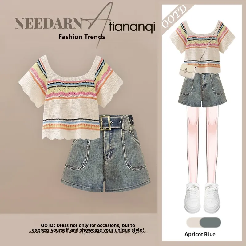 Summer 2026 Sweet And Spicy New Color Block Knitted Top And Fashion Cool Short Jeans Two Piece Set Workwear Style round Neck ...