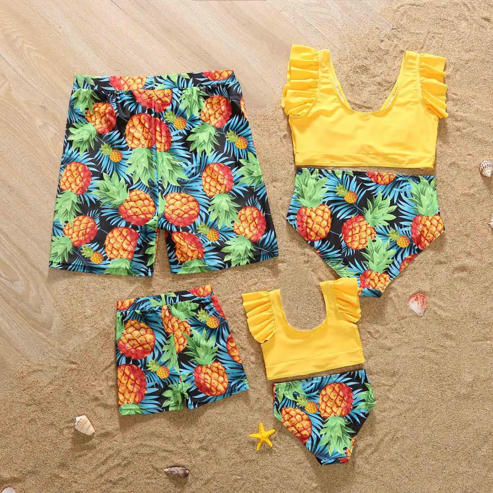 Family Matching Swimsuit Pineapple Print Sleeveless Bikini Set Swimming Trunks Bathing Suit