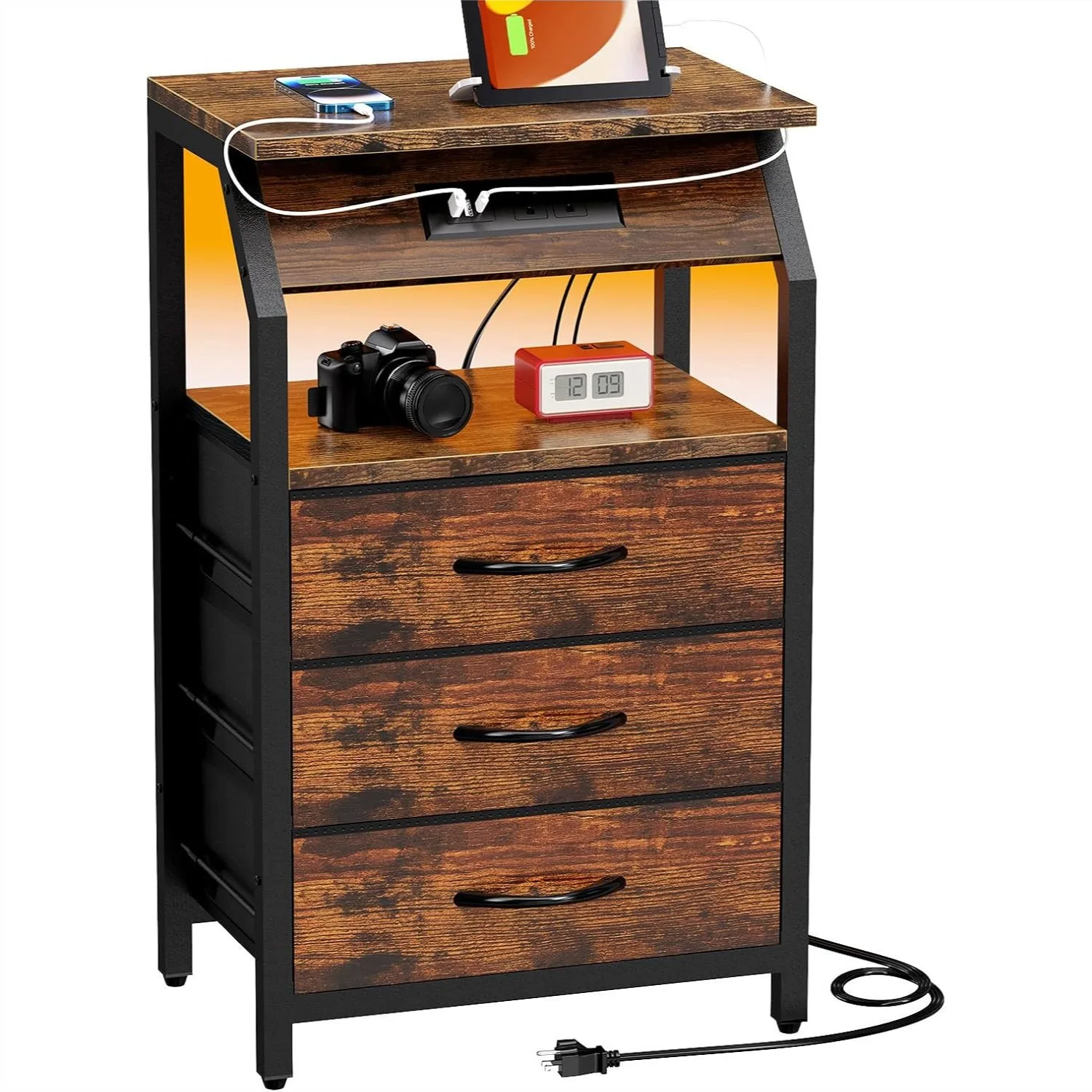 

End Table with Charging Station, Nightstand with LED Lights and 3 Drawers, Small Fabric Storage Side Table for Bedroom Living