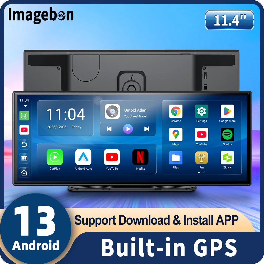 Imagebon 11,4" Android 13 Smart Car Screen mit Wireless CarPlay & Android Auto GPS-Navigation KI-Sprachsteuerung Rückspiegelkamera