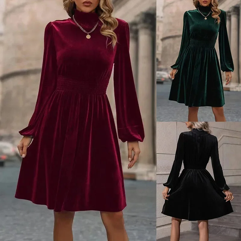 

2024 New Winter Spring and Autumn Ladies Fashion Style Stand up Collar Solid Color Velvet Long Sleeve Elegant Svelte Dress