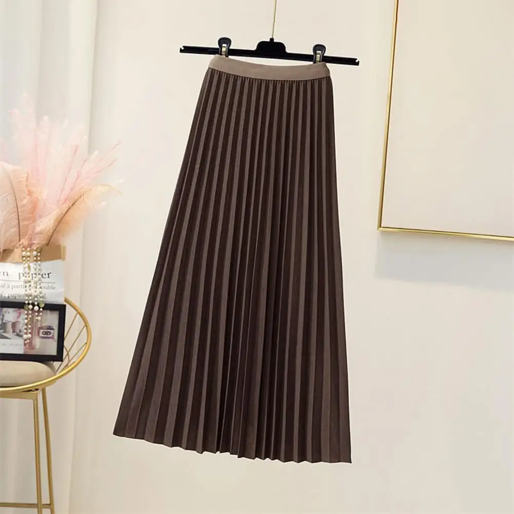 High Waist Pleated Skirt Elegant Women\'s Maxi Skirt with Elastic High Waist A-line Design Pleated Large Hem Solid Color for Work