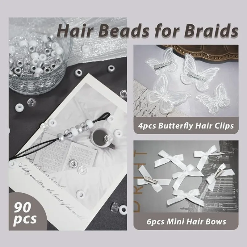 100pcs Hair Beads for Braids Gold Dreadlock Hair Beads Black Gingham Mini Bows Lace Embroidery Butterfl Clips Hair Accessories