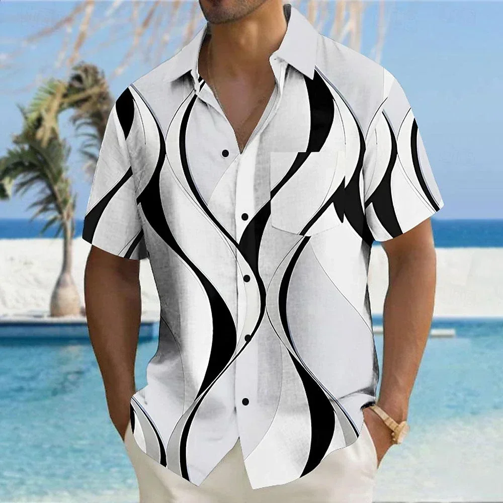 Men's Geometric Stripe Printed Shirt, Hawaiian Vacation Shirt, Casual Party, Outdoor Vacation, Summer tops&tees Clothing