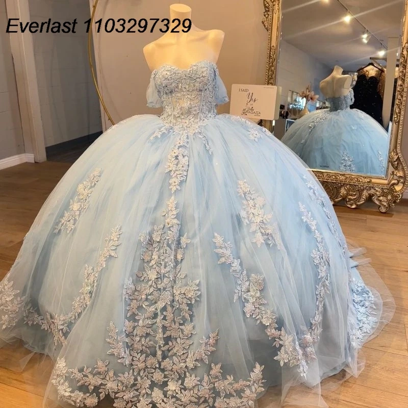 

EVLAST, голубое платье Quinceanera с открытыми плечами, бальное платье, Кружевная аппликация, украшенная бисером, искусственное милое 16 платье для 15 лет TQD606