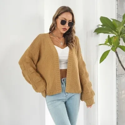 

Женский свободный вязаный свитер с пузырьковым фонарем Све, кардиган, осень-зима, 3D голоофический цвет полиэфирного волокна