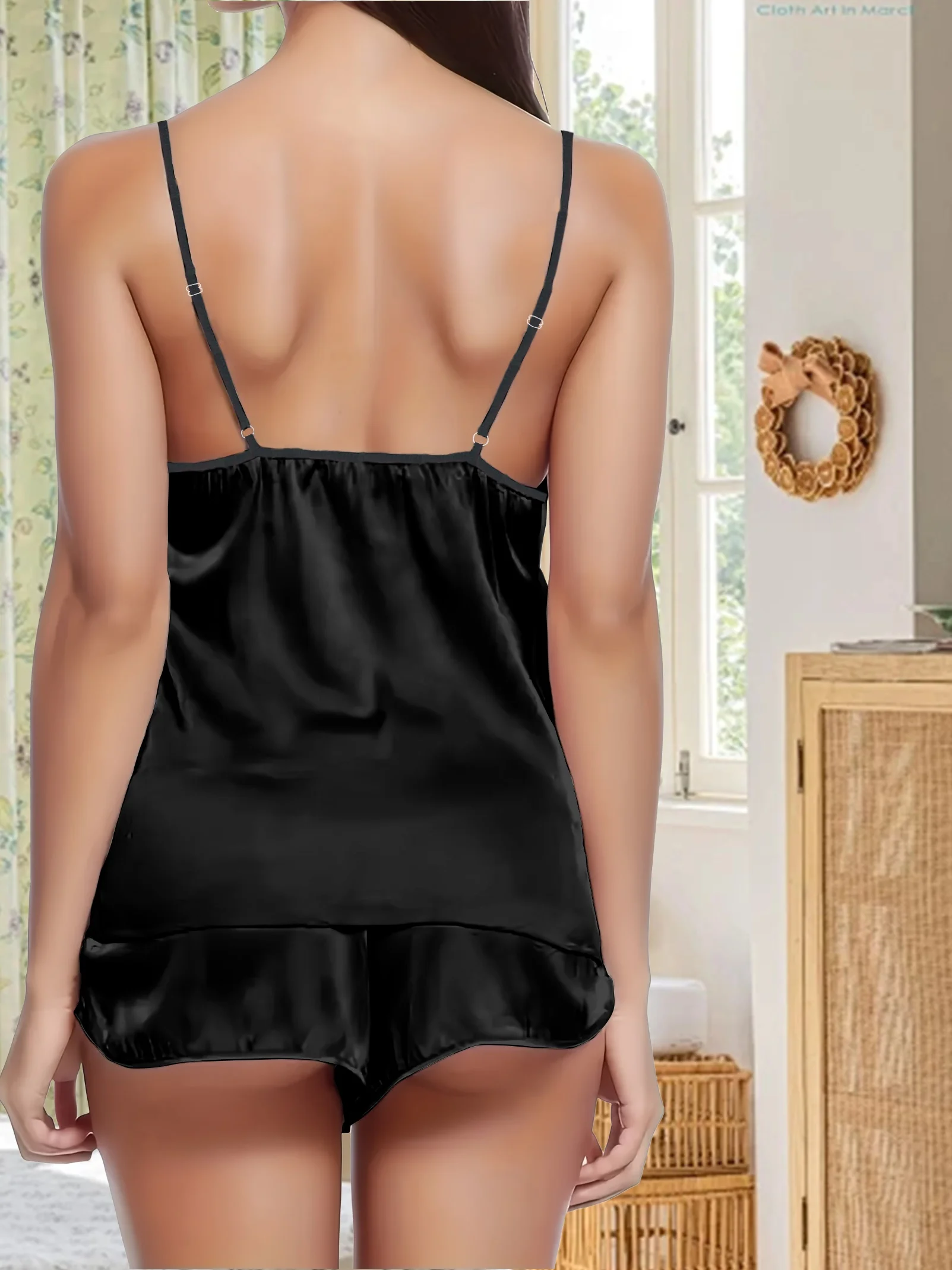 Damen-Pyjama-Set aus Satin, sexy Nachtwäsche, 2-teilig, Loungewear, V-Ausschnitt, Cami-Top und Shorts, Nachtwäsche, einfarbig, Seidenpyjama – Detail 3
