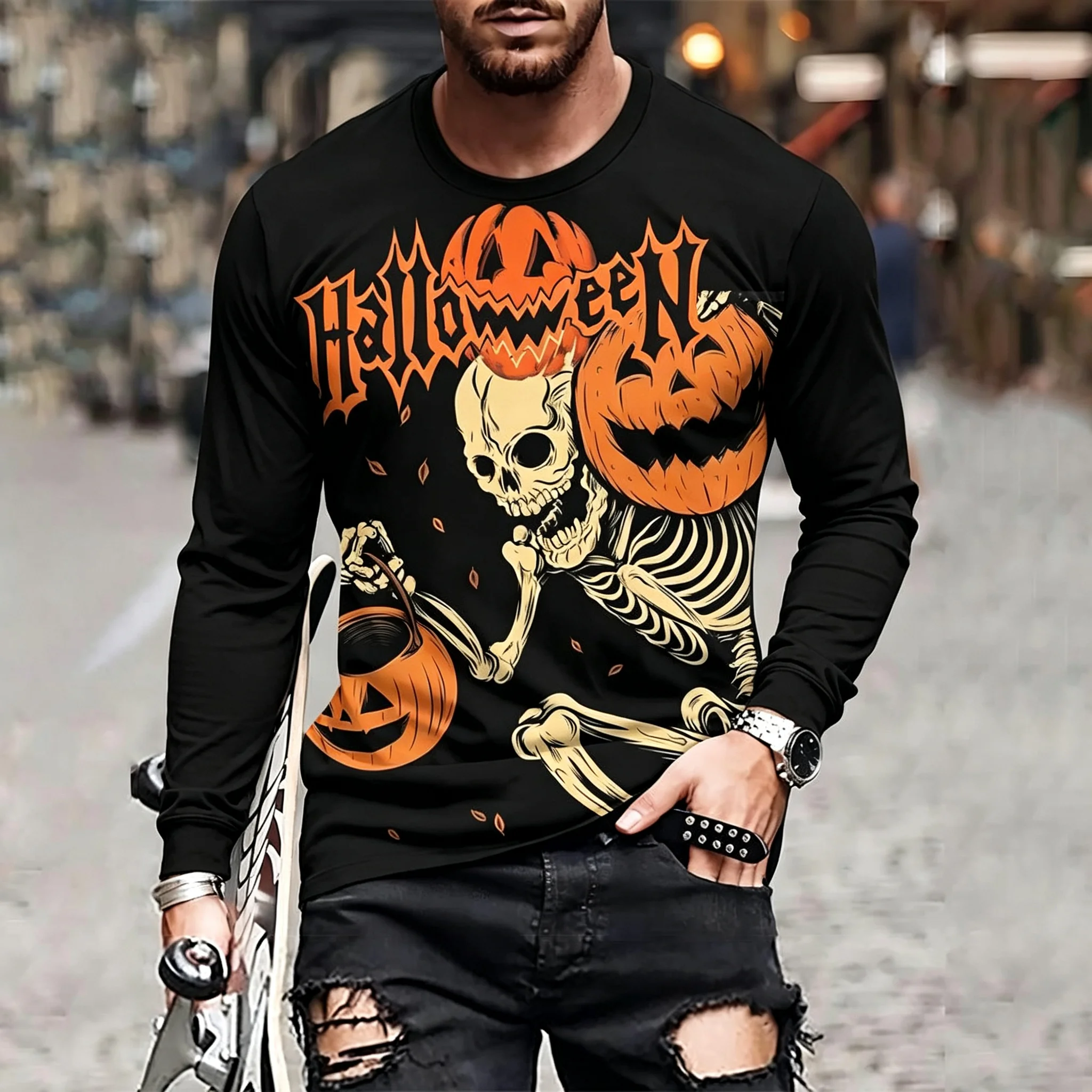Herren Langarm-T-Shirt Halloween Vogelscheuche Skelett Geist Kürbis 3D-Druck Rundhals Casual Streetwear Oberteil – Detail 3