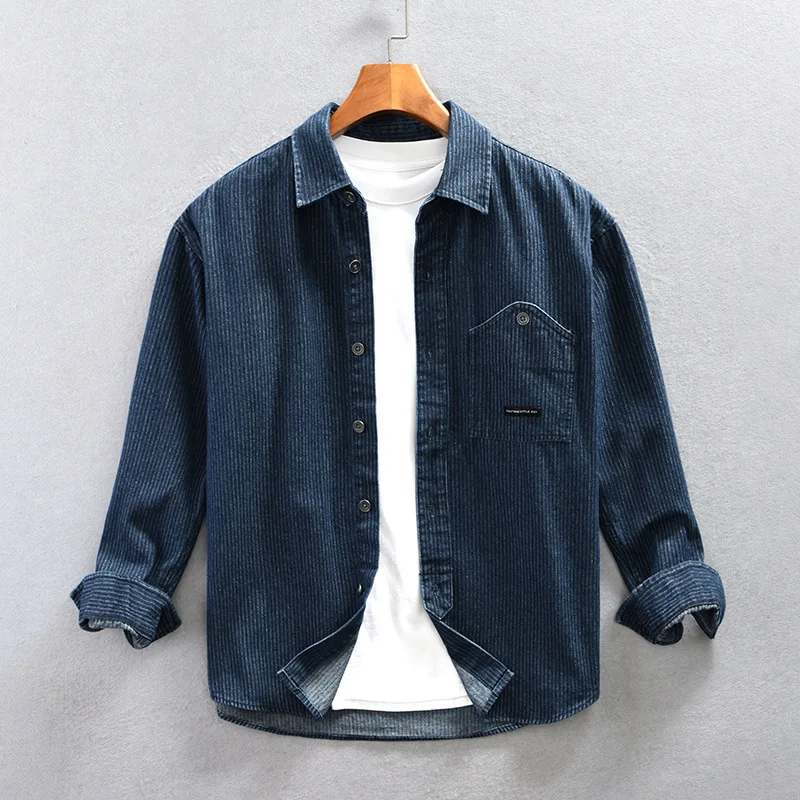 

Men's Denim Striped Workwear Long Sve irt Jaet Casual Large Size Versatile Autumn Trendy Single Wear Cotton Polyester ...