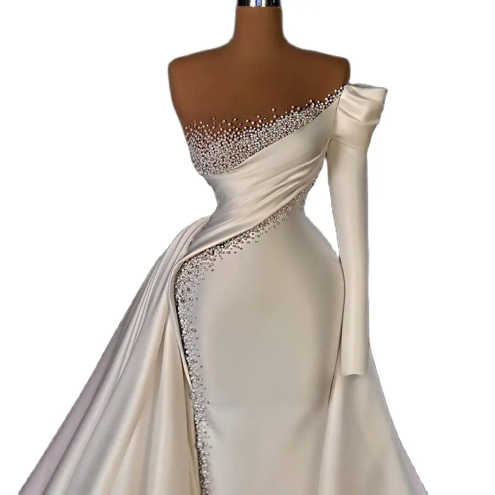 STEVDITG Elegant Women Wedding Dress Fashion One-Shoulder Pearls Mermaid Gowns Luxury Court Train White Satin Bride Dress 2023