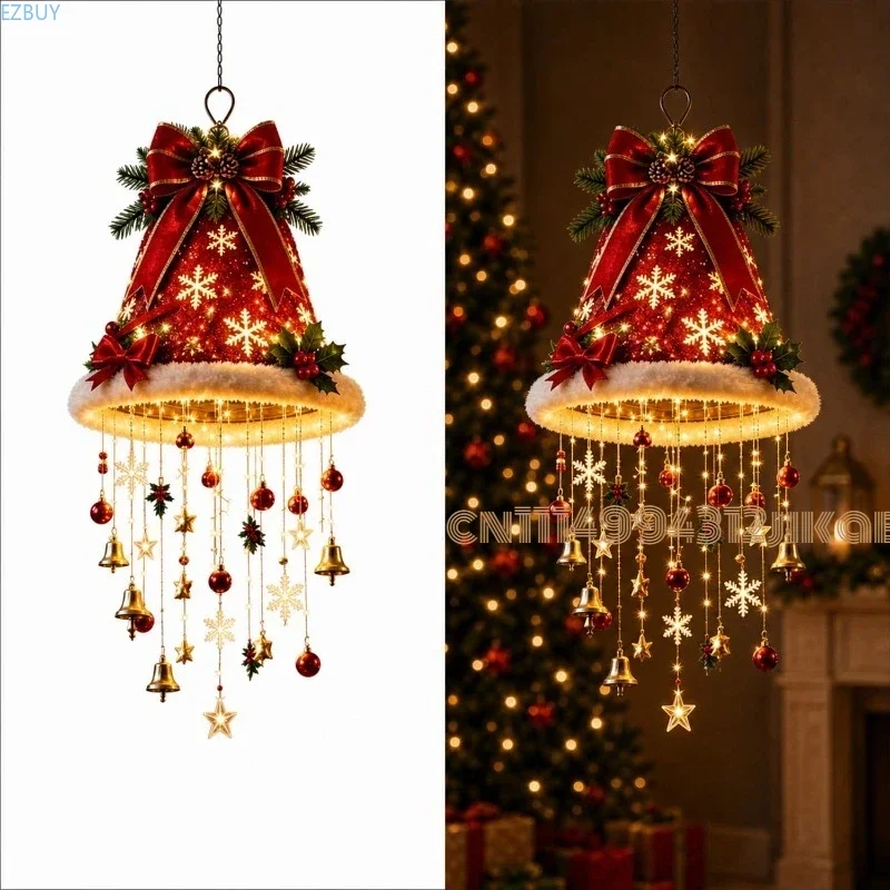 Lighted Santa Hat Hanging Chandelier, Indoor Outdoor Christmas Decor,Warm LED Christmas String Light with Festive Tassels