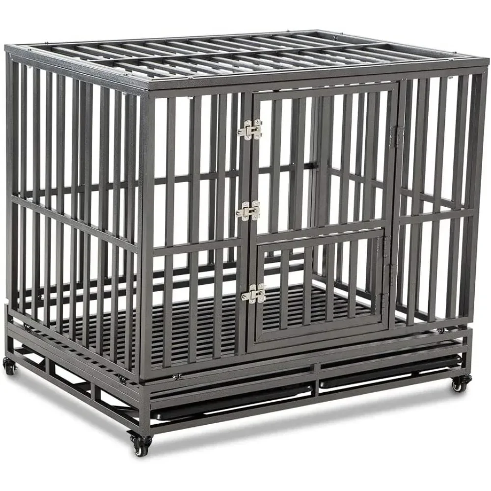 

Heavy Duty Dog Cage Metal Kennel and Crate for Medium and Large Dogs, Pet Playpen with Four Wheels,Easy to Install,42 inch,Black