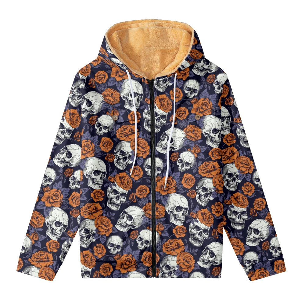 Men's and women's thick wool hooded double-layer jacket, winter and autumn skull print chest pocket zipper, outdoor warmth