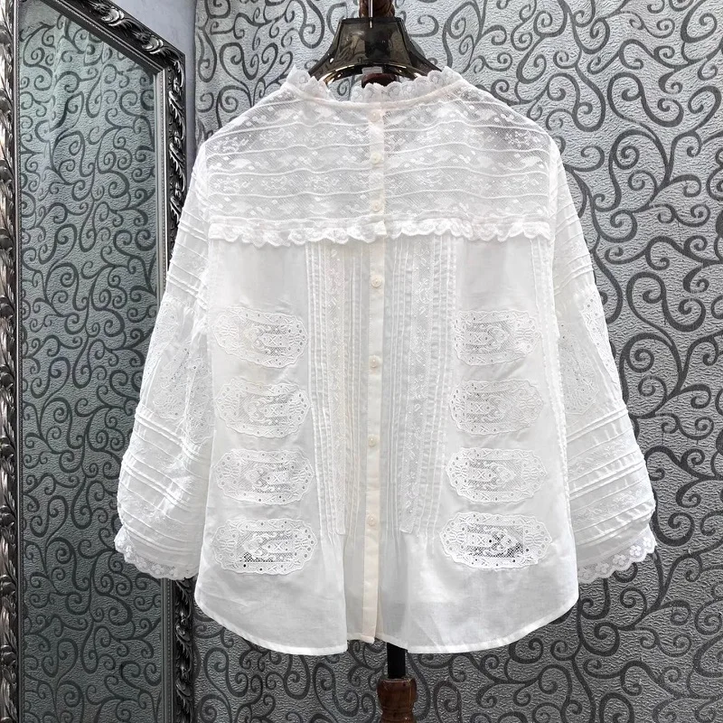 100%Cotton Blouse 2024 Autumn Designer Fashion Tops Women Lace Embroidery Patchwork 3/4 Sleeve Elegant White Blouse Shirts