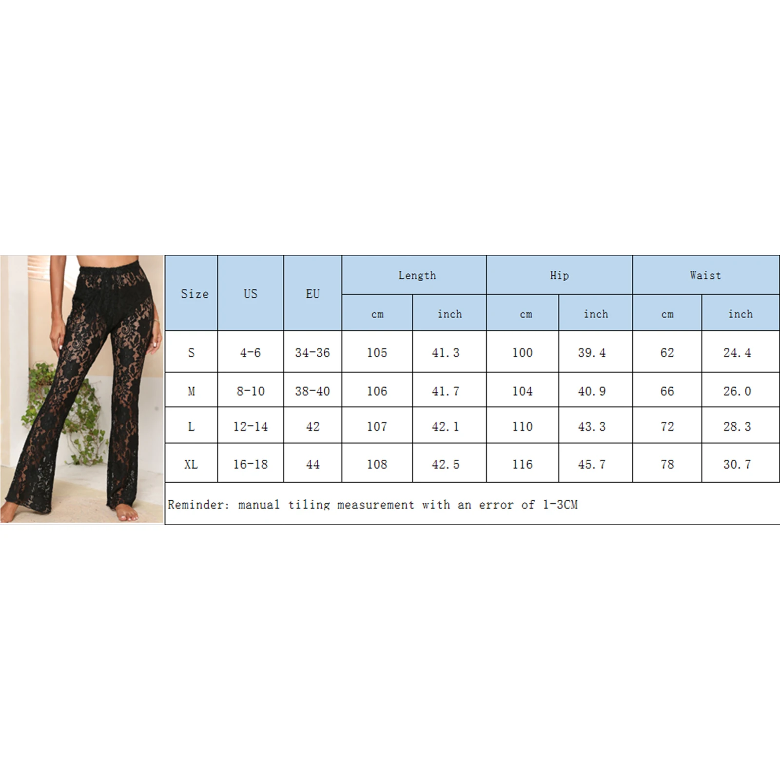 Women’s Sheer Lace Pants High Waist See Through Flare Pants Bell-Bottoms Trousers Beachwear