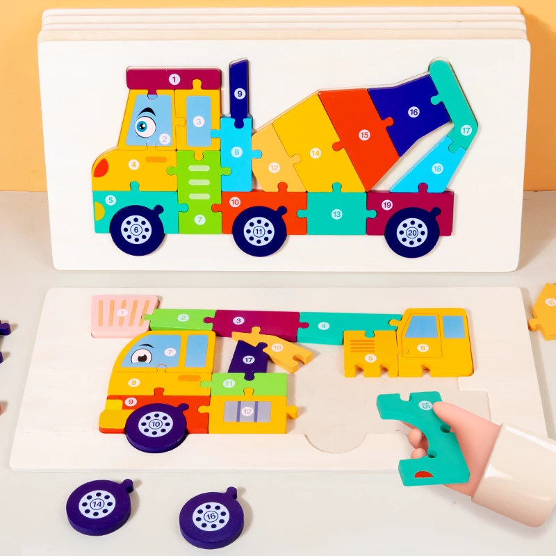 3d Voertuig Houten Puzzel Hand-Oog Coördinatie Transport Puzzel Leeftijden 1-5 Kinderen Peuters Voorschoolse Educatief Speelgoed