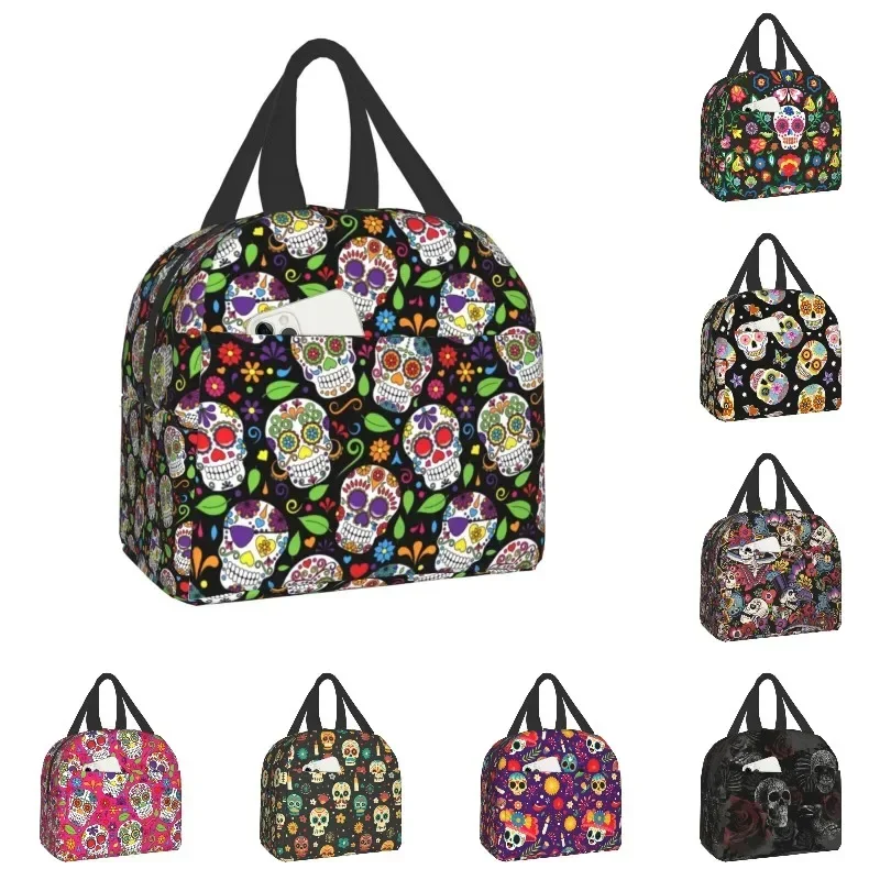 

Day Of The Dead Mexican Sugar Skull Insulated Lunch Bag Waterproof Halloween Cooler Thermal Lunch Box for Women Work School Food