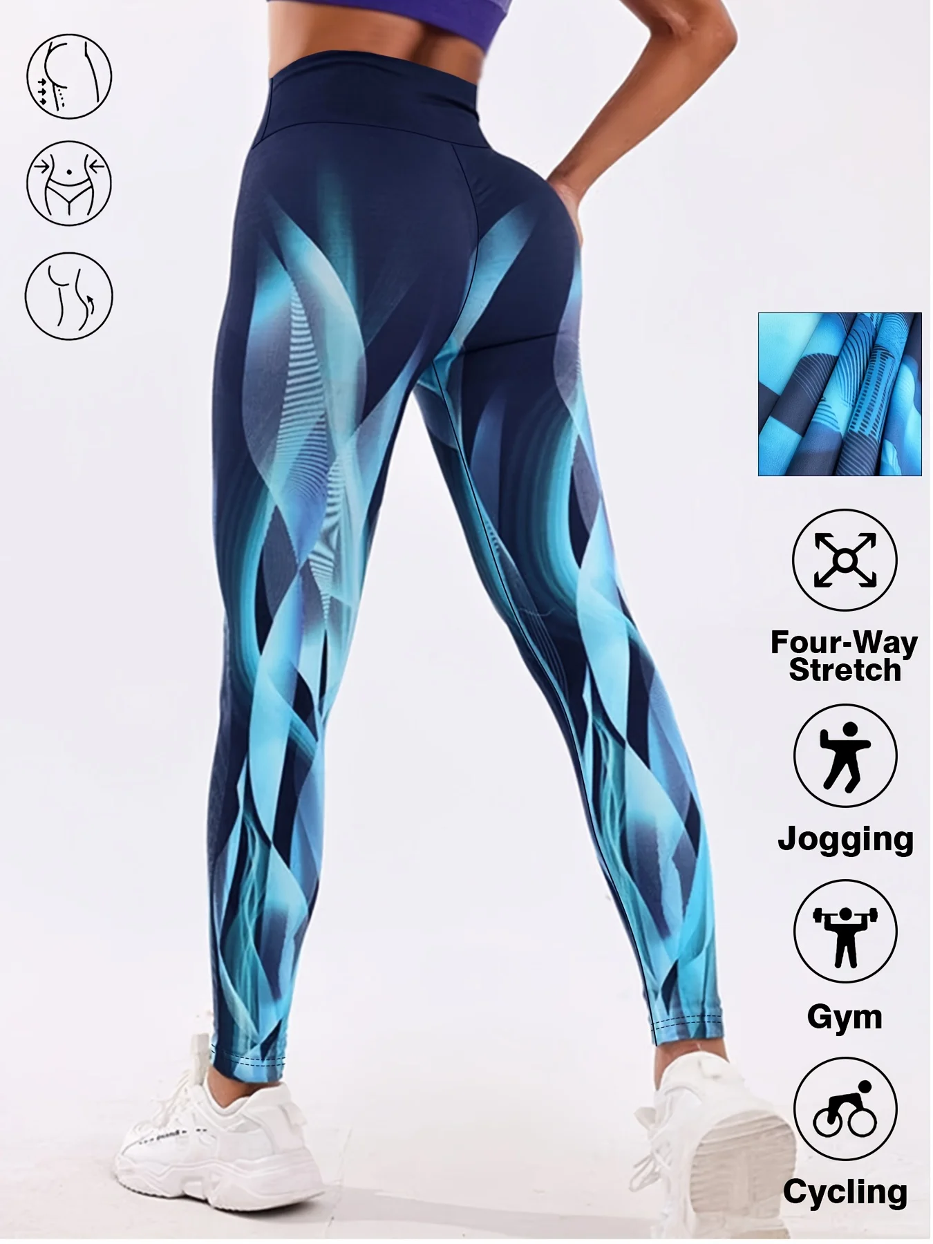 Women Blue Fluid Gradient Print Fleece Lined Leggings Mid Waist High Stretch Fitness Yoga Sports Pants