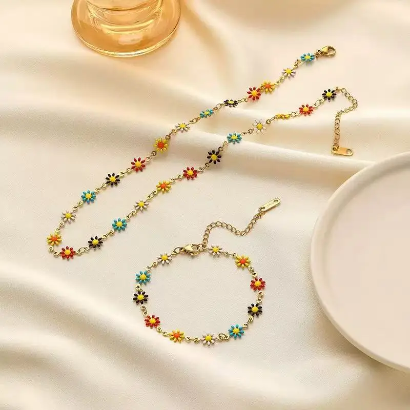 EILIECK 316L Edelstahl Trendiges Metall Wasserdichtes Blumen-Herz-Stein Halsketten-Armbänder-Set Edelstahl-Charm PVD-Schmuck – Detail 18
