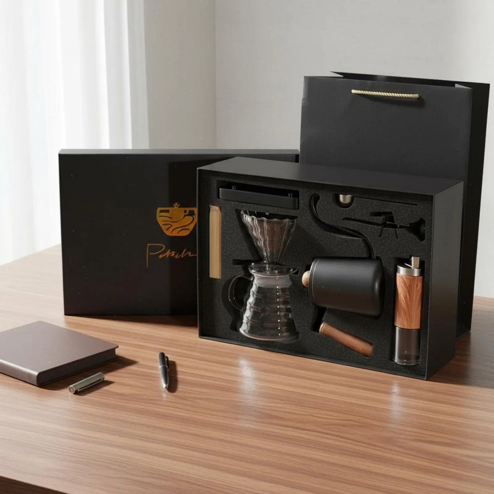 

6 Pieces Hand Brewed Coffee Set Gift Box Pour over Coffee Brewer Set Kitchenware Adjustable Grinder for Office