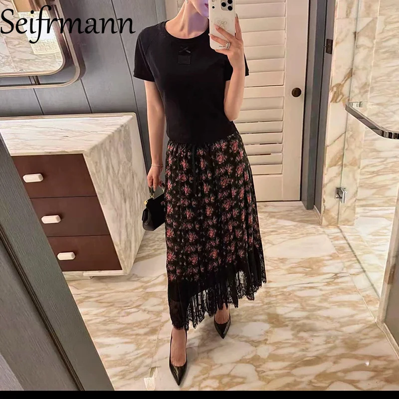 

Seifrmann 2026 Summer Women's New Fashionable Silk Printed Splicing Lace Edge pleated Long Half Skirt