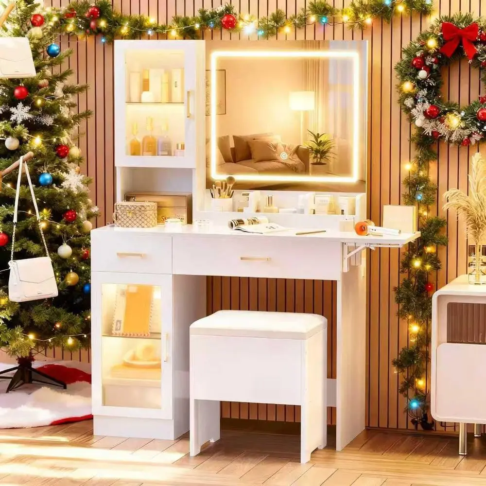 

White Vanity Desk with Mirror, Lights, Storage, and Cushion Stool for Makeup, Ideal for Women, Girls, and Teens