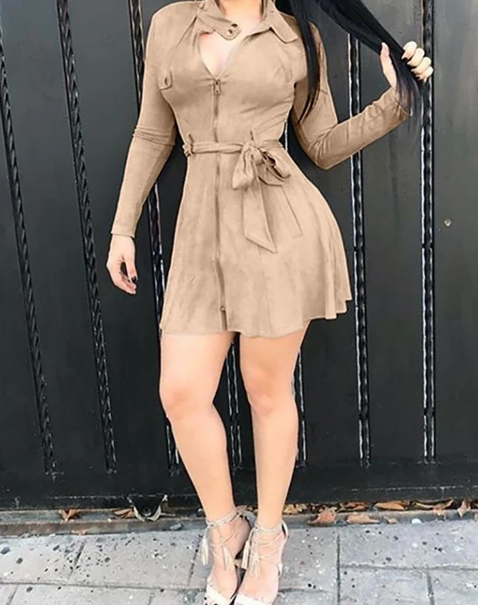 

Women's Dress Elegant Casual Solid Mock Neck Zipper Front Pocket Design Long Sleeve Belted Skinny A-line Mini Coat Dress