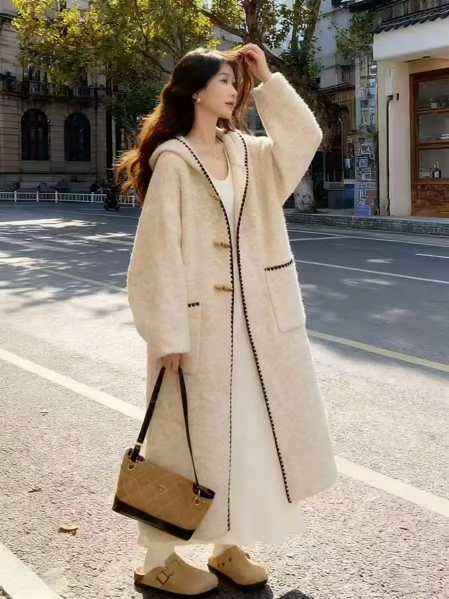 

Casual Long Knitted Sweater Coat Women's Loose Fit Hooded Knitwear Autumn Winter Lazy Sle Button up Cardigan Soft Material