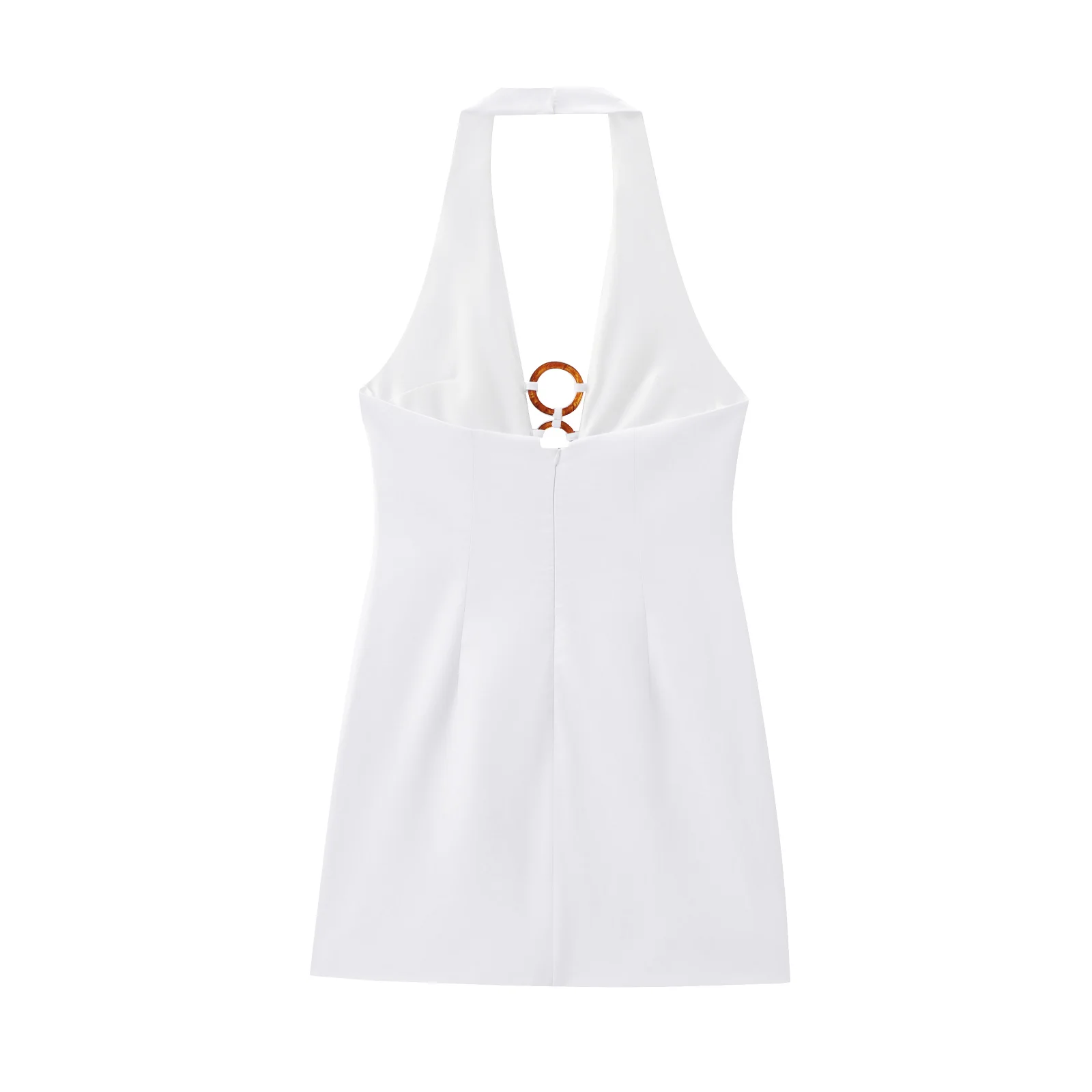 Mini vestido sem mangas com gola suspensa feminino, decoração de fivela, fino, sem costas, zíper, retrô, nova moda, verão