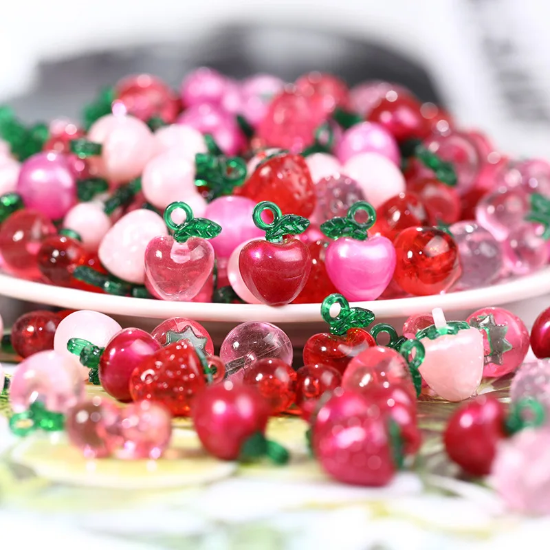 50pcs Sweet Strawberry Cherry Apple Acrylic Pendant Cute Fruit Charm For DIY Earrings Keychain jewelry making accessories